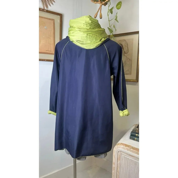 VTG Reversible Coat Navy Green Oversized Hooded Raincoat Classic Outwear Jacket - Picture 10 of 10